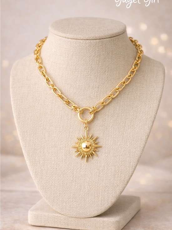 Jewelry - Gold Sunburst Pendant Chain Necklace - 18K Gold Tone